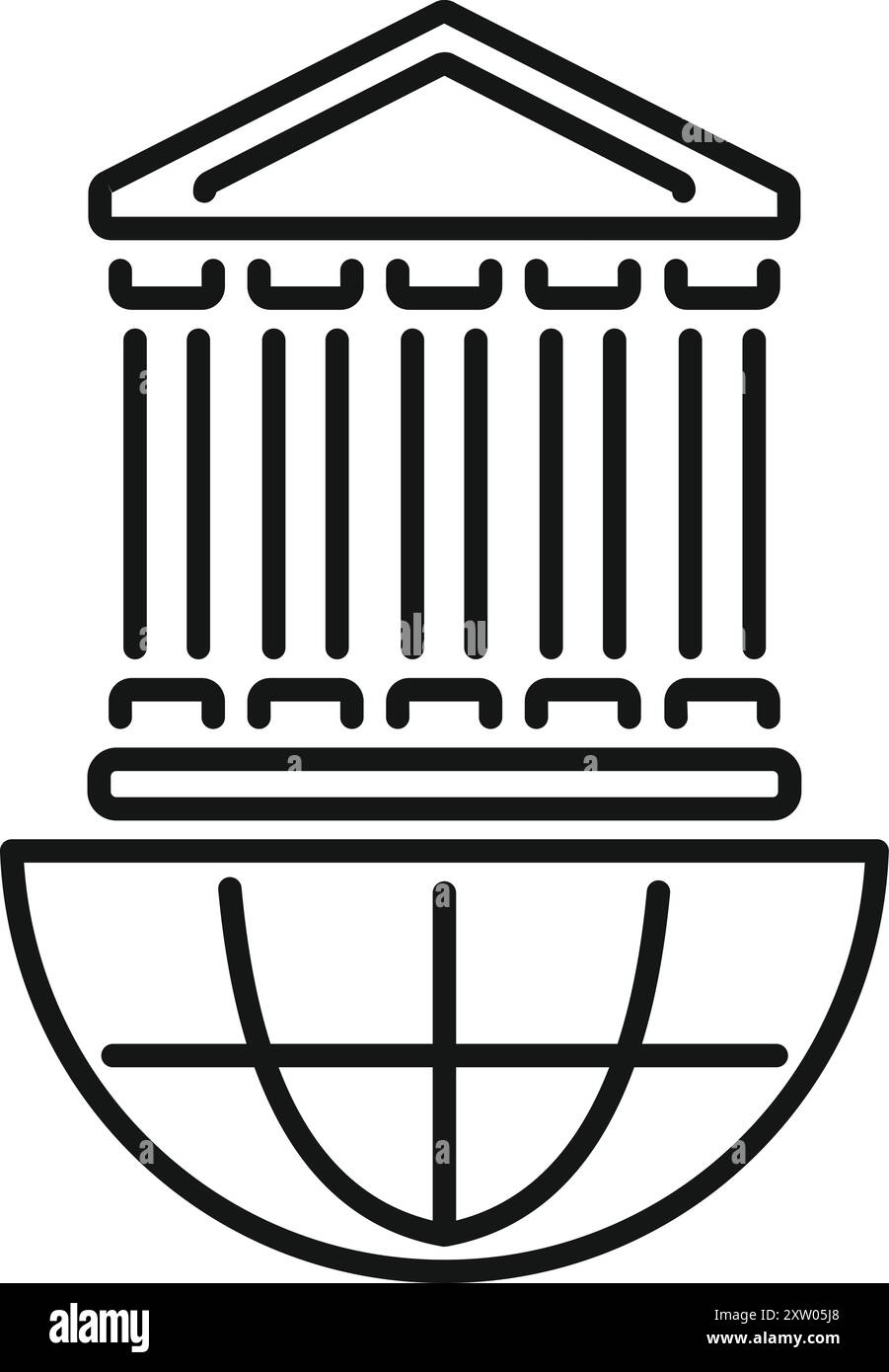 Icona di arte di linea del tempio greco che si erge su metà del pianeta Terra, che rappresenta la storia globale Illustrazione Vettoriale