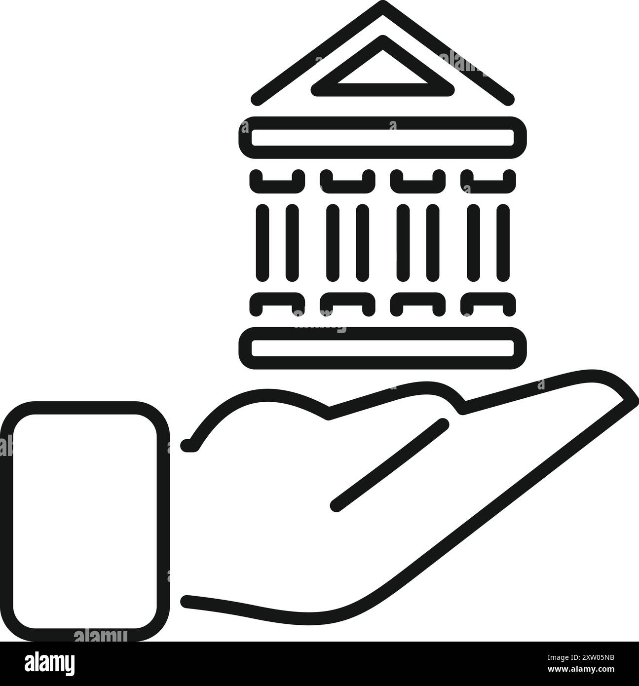 Mano che tiene un edificio bancario, simboleggia la sicurezza finanziaria e la stabilità nel mondo degli affari Illustrazione Vettoriale