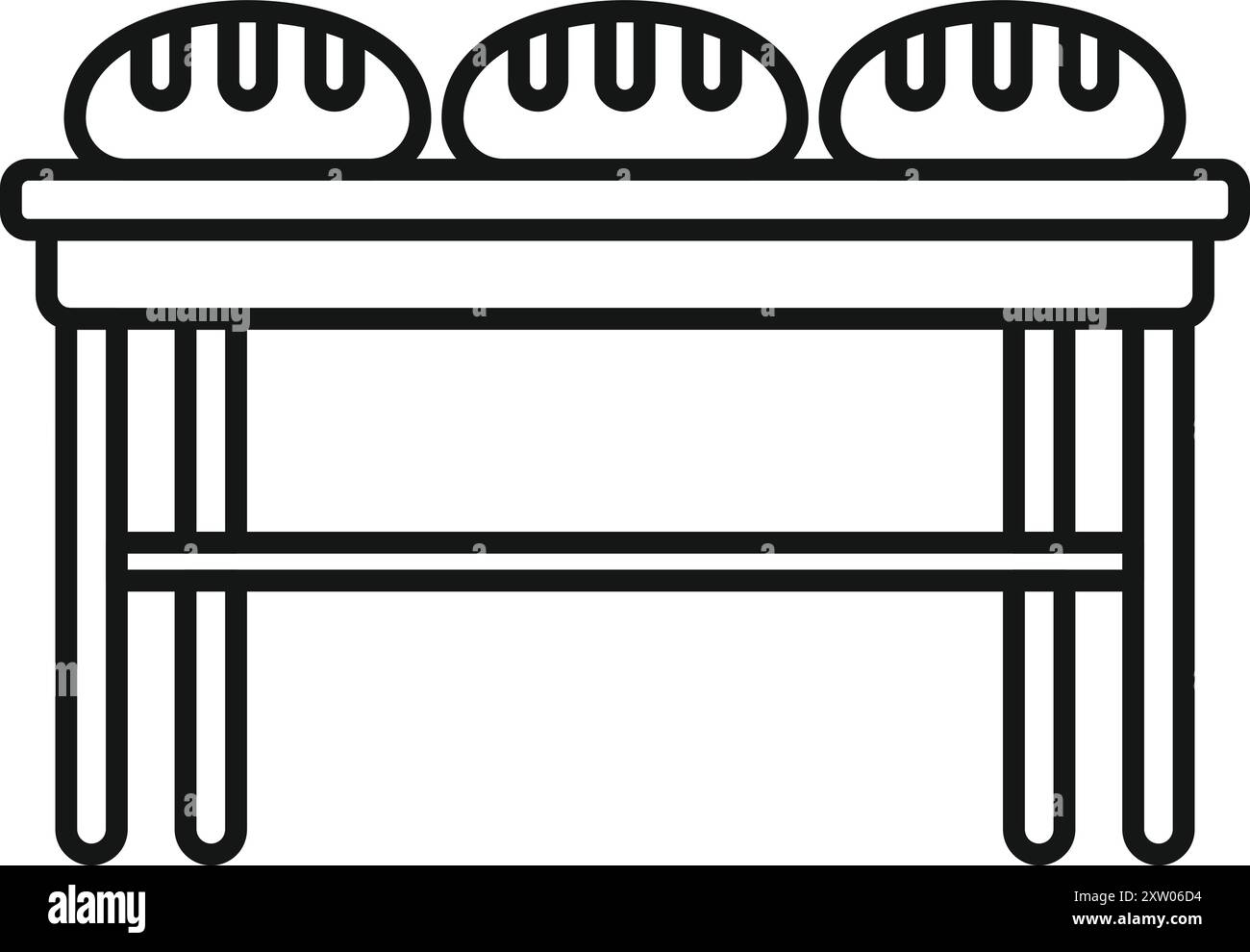 Semplice icona a forma di linea che rappresenta un tavolo con pane, spesso presente in panetterie o cucine Illustrazione Vettoriale