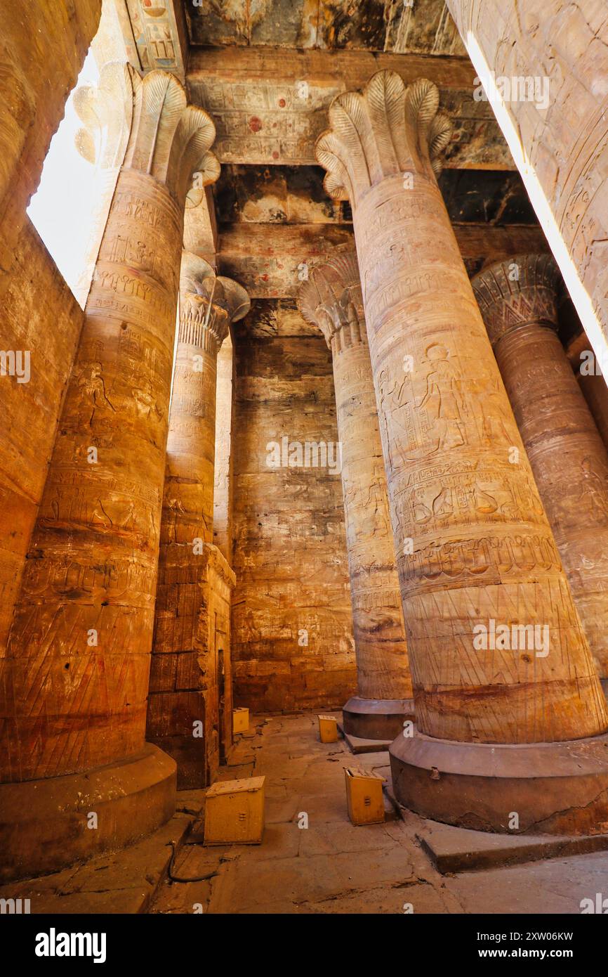 Magnifiche colonne floreali decorate nella galleria Ipostilio nel Tempio di Horus a Edfu, costruito durante l'era tolemaica tra il 237 e il 57 a.C. vicino ad Assuan, in Egitto Foto Stock