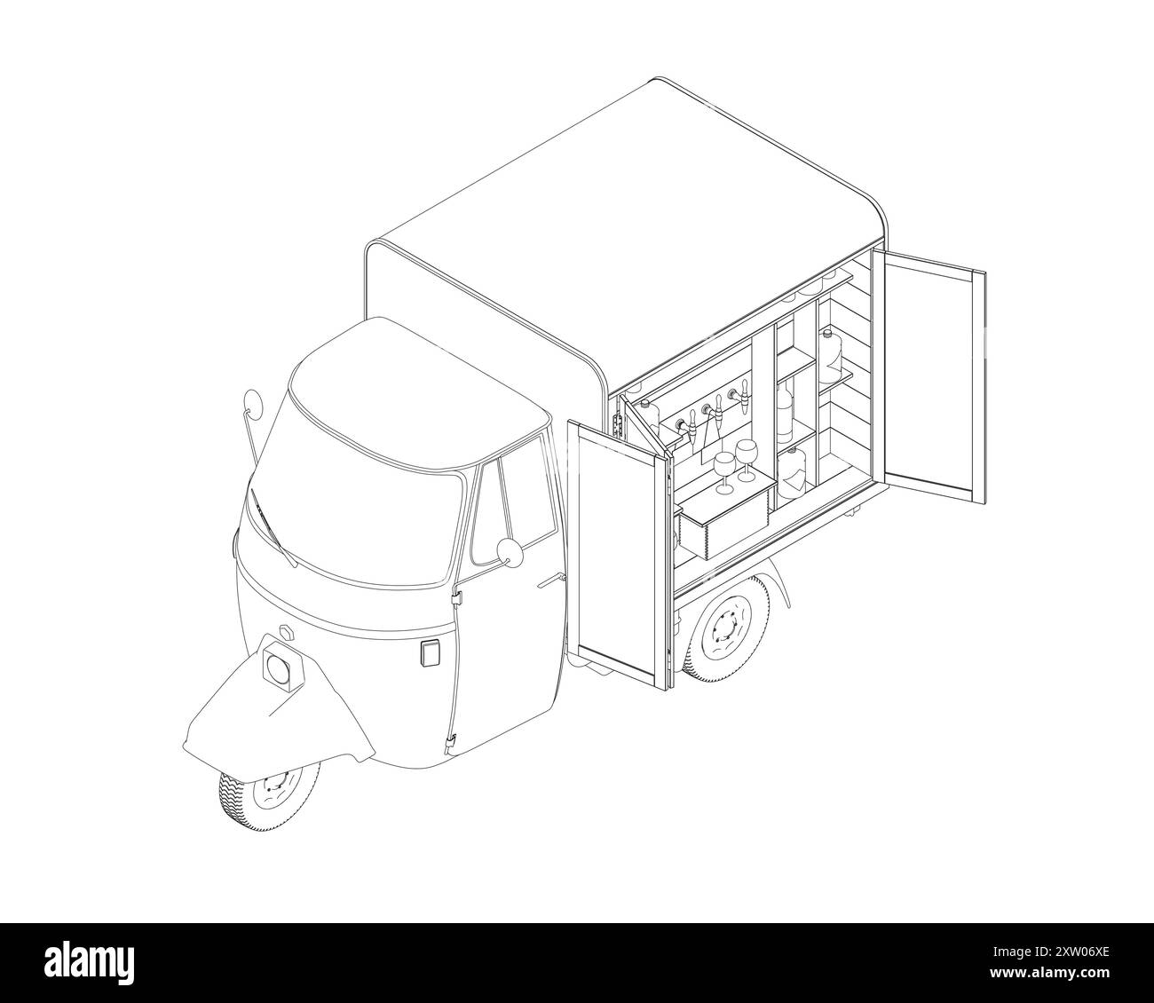 Carrello per alcolici Contour, bar esterno. Venditore ambulante che vende bevande e bevande al banco roulotte. Barista alla finestra della barra mobile alcolica a ruote. FLA Illustrazione Vettoriale