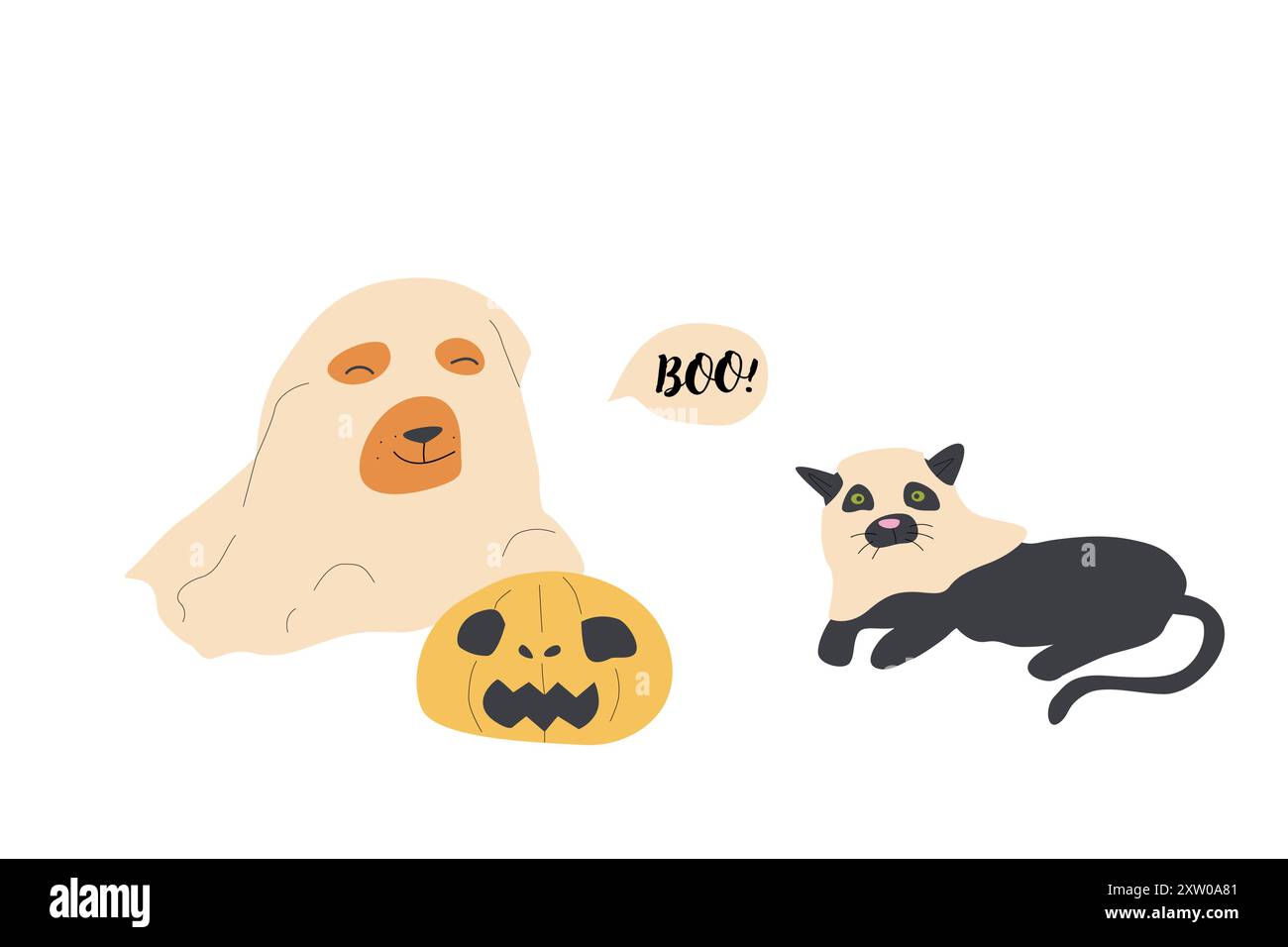 Animale domestico di Halloween in costume da fantasma. Simpatico adesivo per biglietto d'auguri. Illustrazione Vettoriale