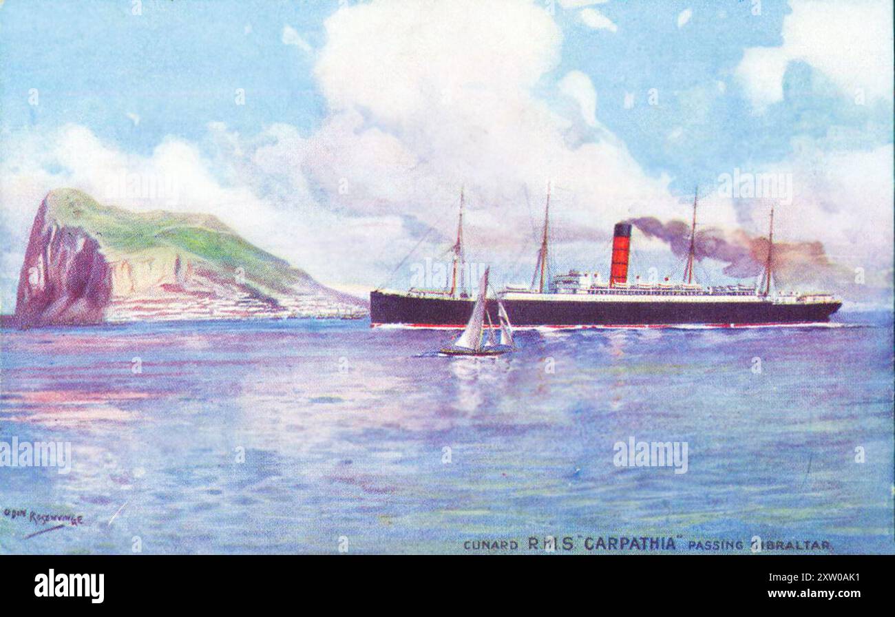 Cartolina a colori vintage che mostra il piroscafo passeggeri RMS Carpathia Cunard Line passando per Gibilterra, pubblicato nel 1910 Foto Stock