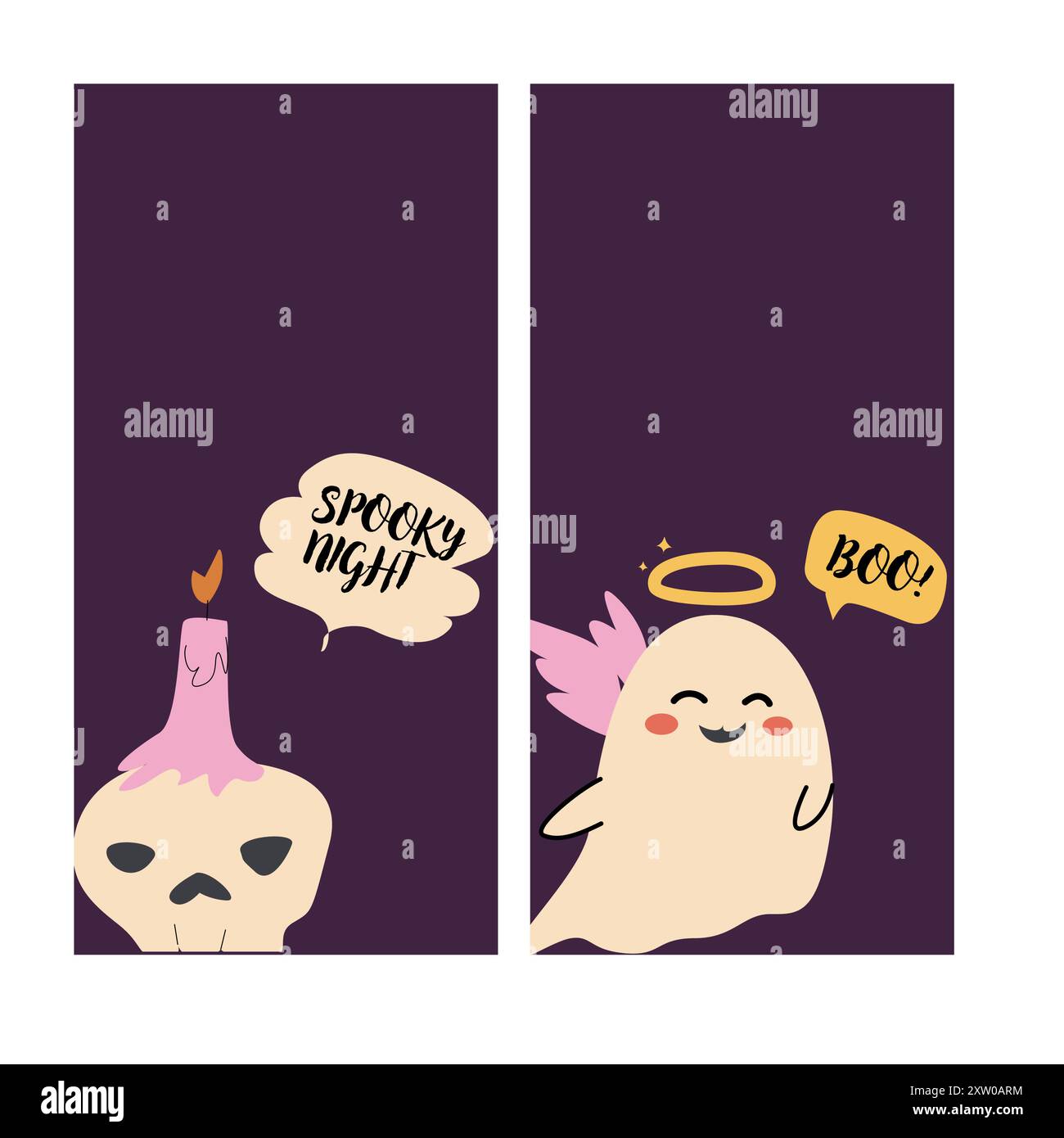 Le storie di Halloween sono ambientate. Illustrazioni di fantasmi e crani per bambini in stile piatto. Scheda verticale o banner per il buon Halloween per i social media. Carino e spettrale ch Illustrazione Vettoriale