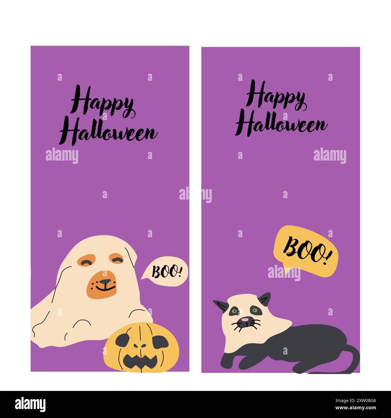 Le storie di Halloween sono ambientate. Illustrazioni fantasma per bambini in stile piatto. Scheda verticale o banner per il buon Halloween per i social media. Carini personaggi spettrali io Illustrazione Vettoriale