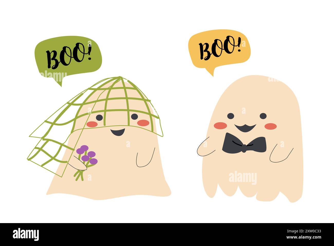 Simpatici Alloweens e fantasmi. Collezione di simpatici personaggi spaventosi. Adesivi per il giorno di Halloween. I bambini fantasmi con facce divertenti in costumi Illustrazione Vettoriale