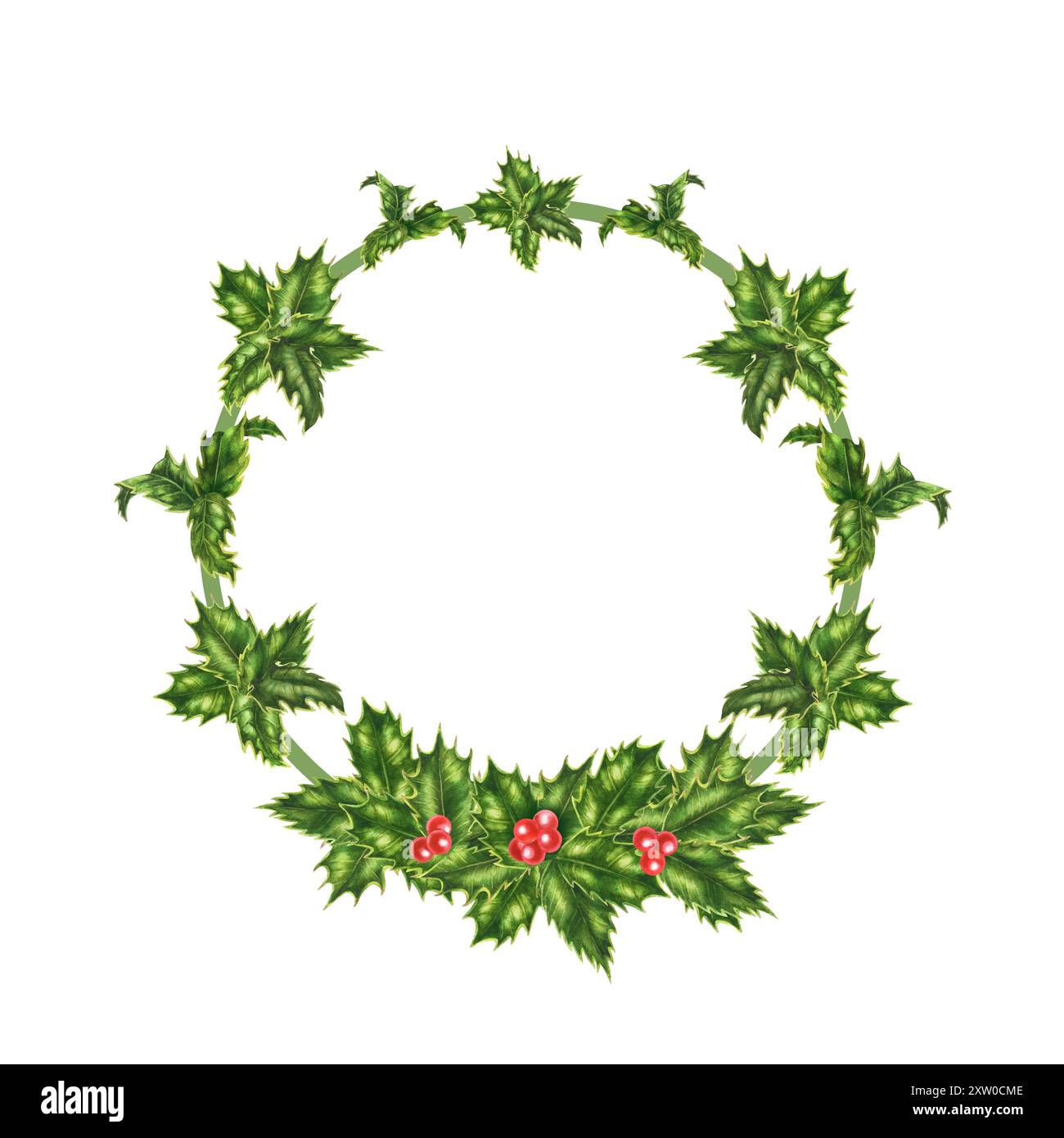 Ghirlanda natalizia con bacche rosse e foglie verdi. Illustrazione botanica acquerello isolata su sfondo bianco. Modello rotondo per decorativ Foto Stock
