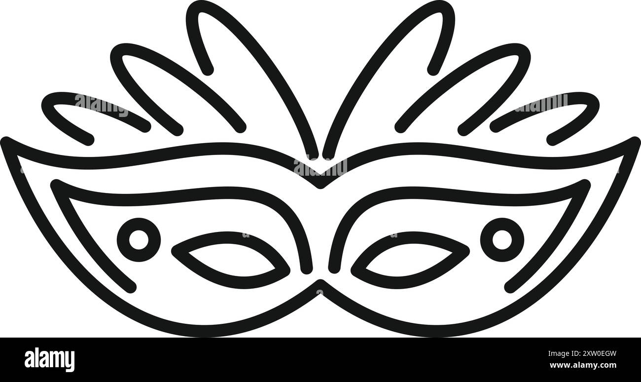 Disegno in linea di una maschera di carnevale con piume che suggeriscono feste e celebrazioni Illustrazione Vettoriale