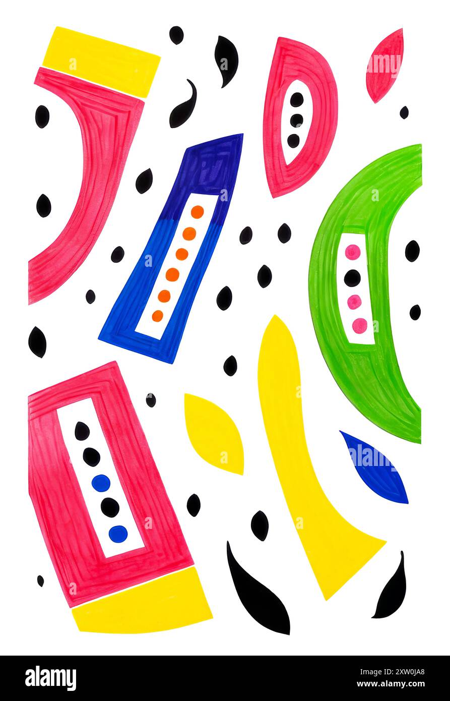 Varie forme colorate luminose isolate su sfondo bianco astratto per il design Foto Stock