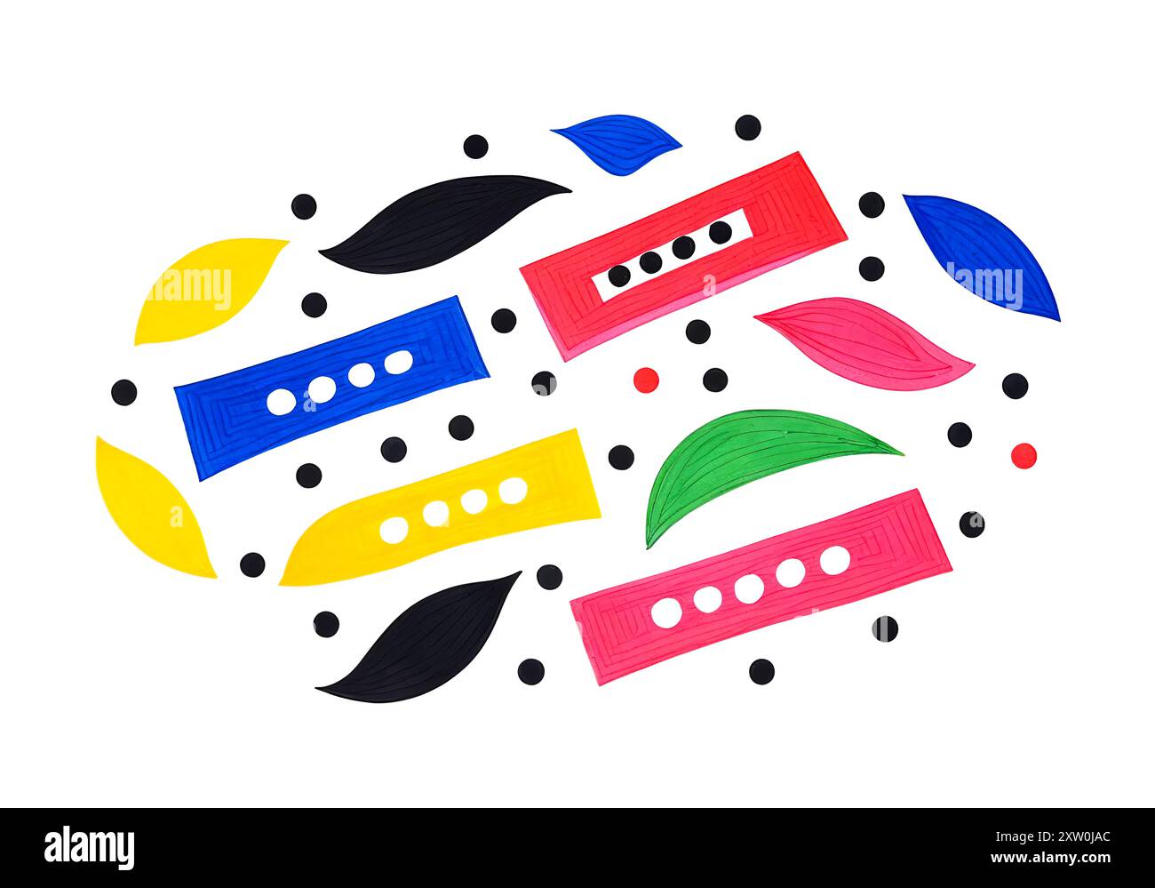 Varie forme colorate luminose isolate su sfondo bianco astratto per il design Foto Stock