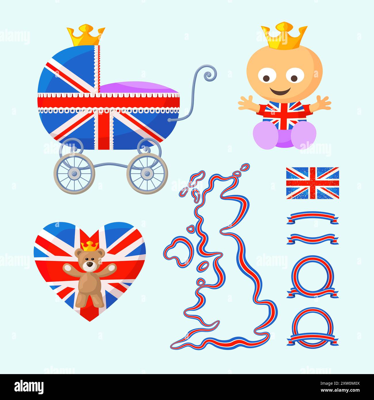 Set con bambino reale inglese, carrozza, orsacchiotto, cuore, mappa, bandiera e nastri nei colori del Regno Unito. Illustrazione Vettoriale