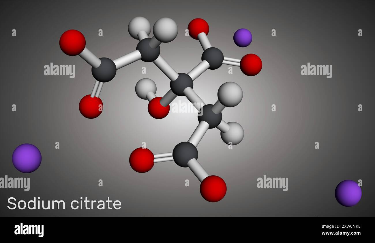 Citrato di sodio o molecola di citrato di trisodio. Agente aromatizzante, additivo alimentare e anticoagulante. Modello molecolare. Rendering 3D. Illustrazione Foto Stock