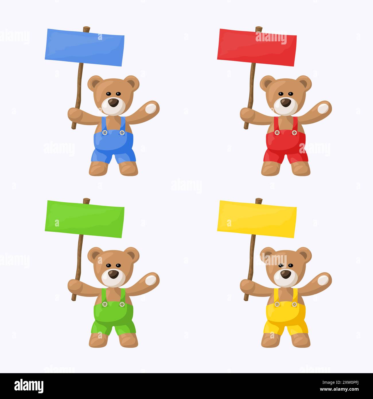 Piccolo pacchetto con orsacchiotto con pantaloni colorati e cartelli colorati. Il file viene creato senza lucidi e sfumature. Illustrazione Vettoriale