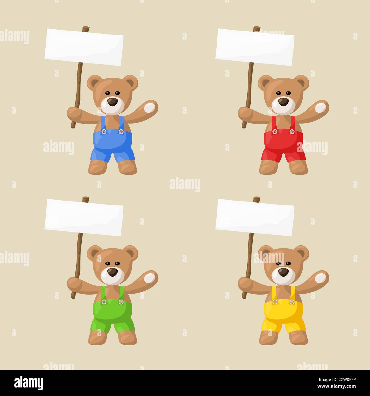 Piccolo pacchetto con orsacchiotto con pantaloni colorati e cartelli bianchi. Il file viene creato senza lucidi e sfumature. Illustrazione Vettoriale