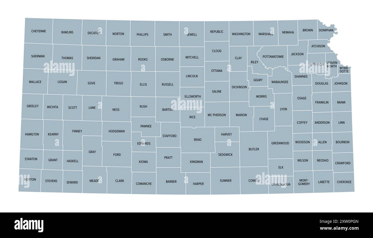 Kansas, stato degli Stati Uniti suddiviso in 105 contee, mappa politica grigia con confini e nomi di contea. Stato nella regione Midwest degli Stati Uniti. Foto Stock