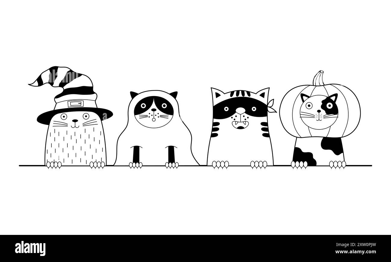 Carino biglietto di Halloween con gatti in costumi divertenti. Illustrazione Vettoriale