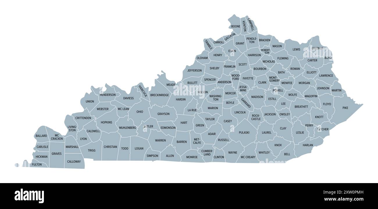 Kentucky, stato degli Stati Uniti suddiviso in 120 contee, mappa politica grigia con confini e nomi di contea. Commonwealth del Kentucky. Foto Stock