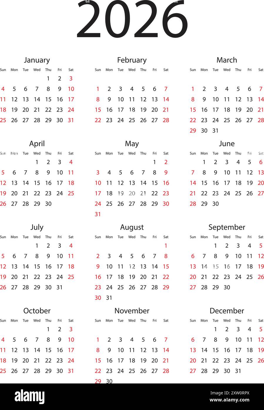 Icona del calendario 2026 in stile piatto. Illustrazione vettoriale Planner su sfondo isolato. Il calendario firma il concetto di business. Illustrazione Vettoriale
