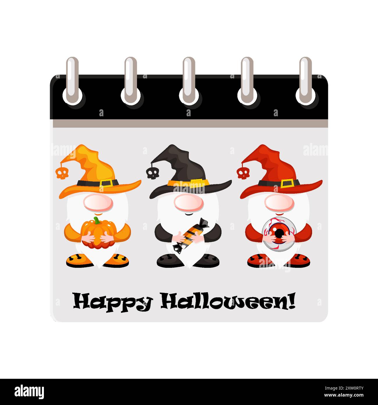 Calendario 31 ottobre per Halloween con gnomi di Halloween. Immagine della pagina del calendario o del biglietto di auguri stampato Illustrazione Vettoriale