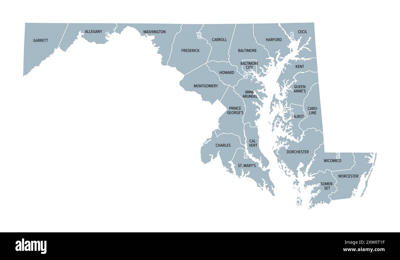 Maryland, Stati Uniti, mappa politica grigia con i confini e i nomi delle contee. Stato nella regione del Medio Atlantico degli Stati Uniti, suddiviso in 23 contee. Foto Stock