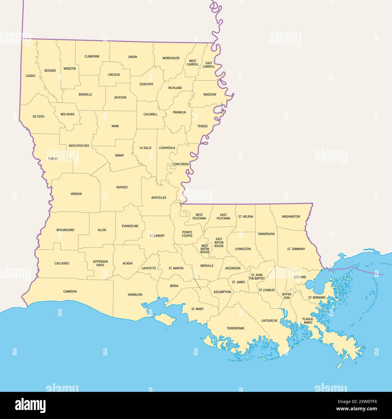 Louisiana, stato degli Stati Uniti, mappa politica con i confini e i nomi delle parrocchie. Stato nelle regioni del profondo Sud e Centro-Sud degli Stati Uniti. Foto Stock
