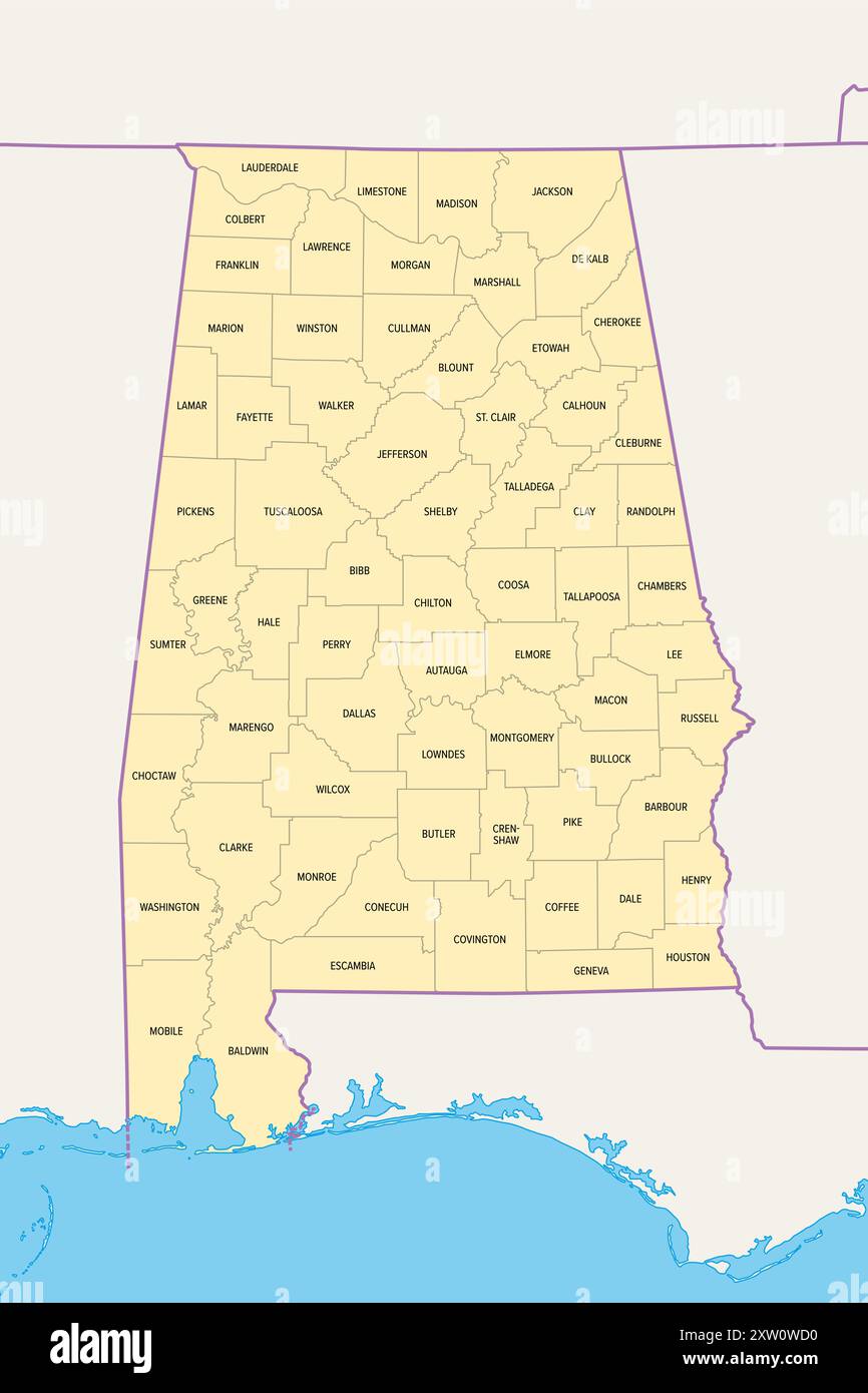 Alabama, Stati Uniti, mappa politica con i confini e i nomi delle contee. Stato nella regione sud-orientale degli Stati Uniti, suddiviso in 67 contee. Foto Stock