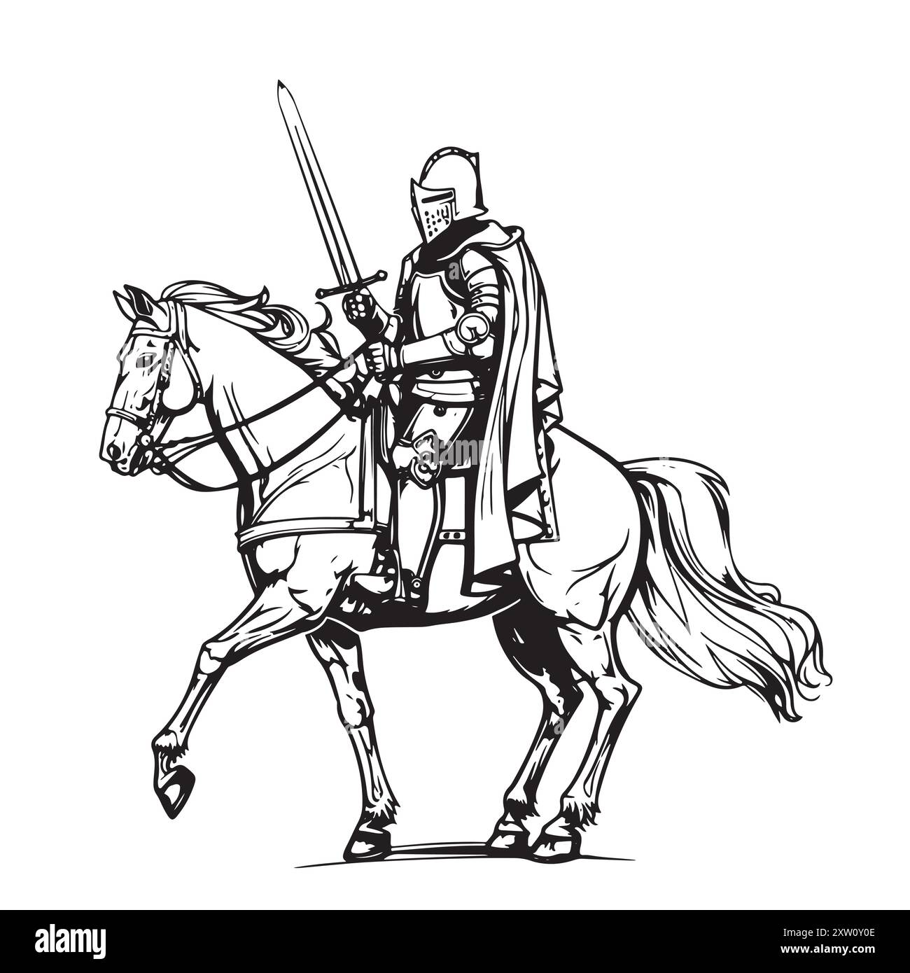 Cavaliere armato medievale a cavallo. Antico carattere militare storico. Principe con una spada e uno scudo. Antico combattente. Schizzo vettoriale vintage. E Illustrazione Vettoriale