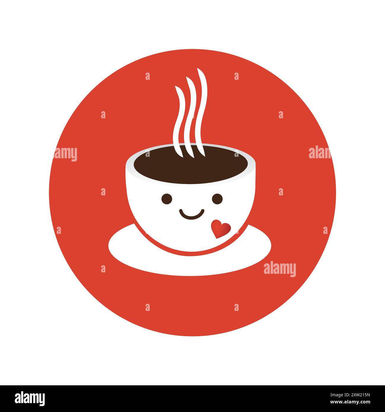 Tazza piena di caffè con un bel viso sorridente e un piccolo cuore - Design modello icona rotondo rosso su sfondo bianco - illustrazione vettoriale Illustrazione Vettoriale
