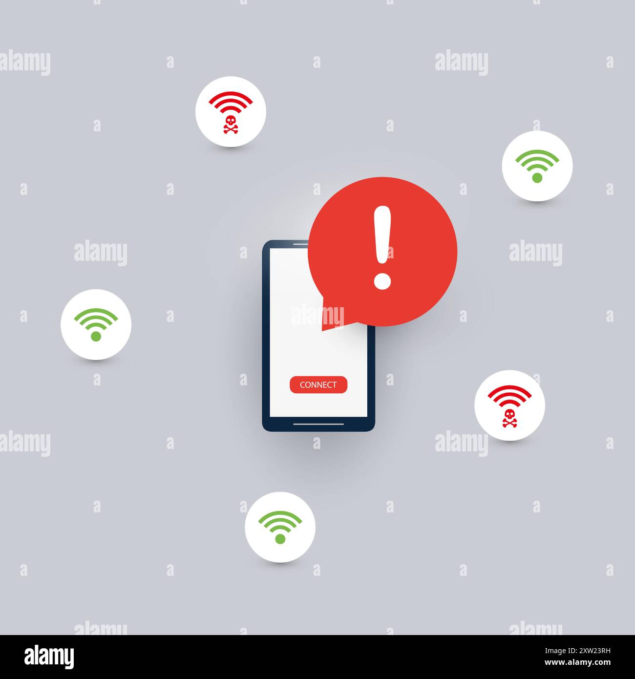 Connessioni wireless non sicure, hacker non sicuri, hotspot Wi-Fi pubblici gratuiti - virus, backdoor, ransomware, frode, spam, phishing, truffa, hacker A. Illustrazione Vettoriale