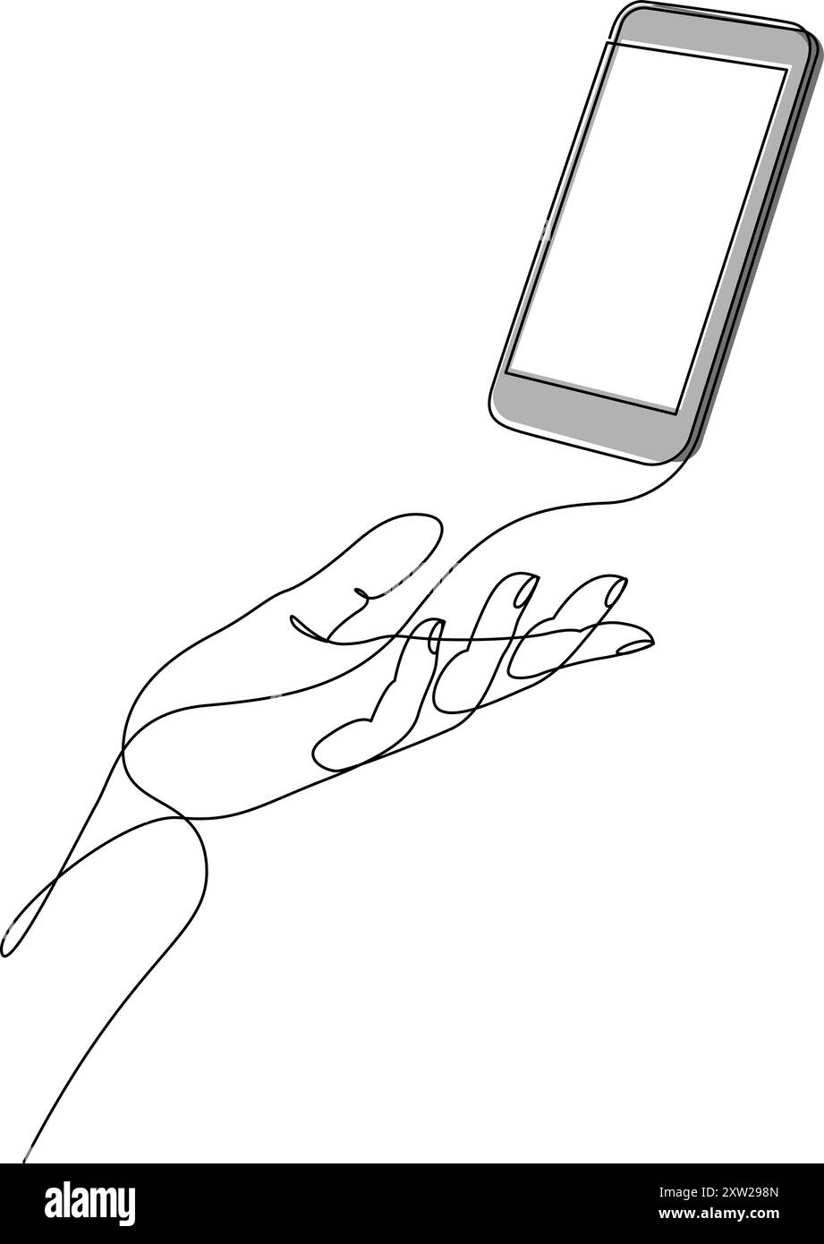 Disegno continuo di una linea di mano umana che tiene lo smartphone. Telefono cellulare sul palmo della mano. Illustrazione vettoriale del telefono cellulare con tratto modificabile Illustrazione Vettoriale