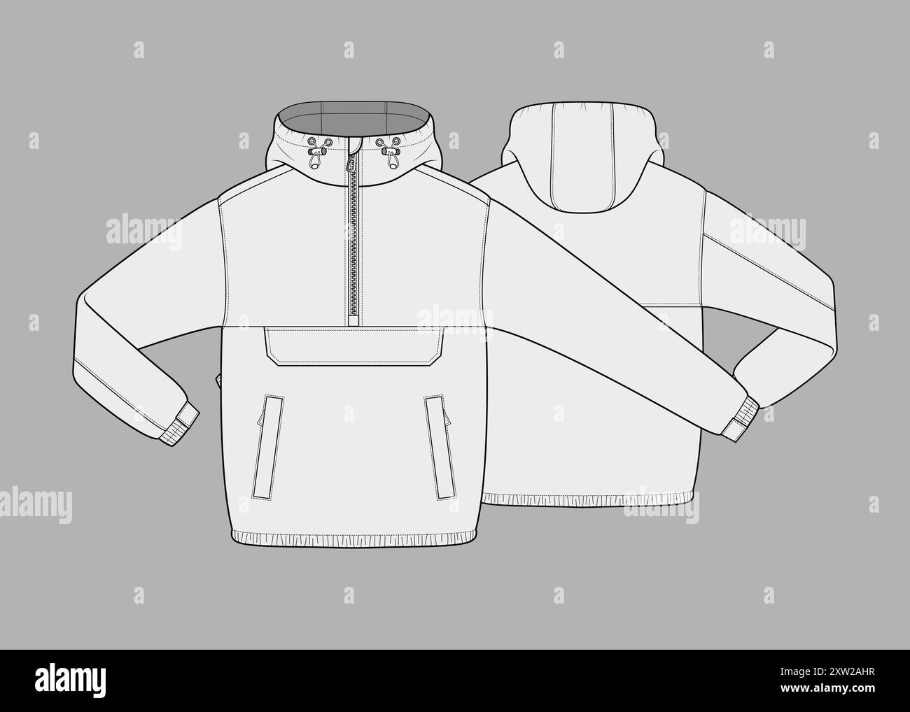 Giacca anorak Mockup Cappotto oversize unisex Poacket anteriore con cappuccio Vector Flat disegno tecnico Giacca Anorak modello di illustrazione Illustrazione Vettoriale