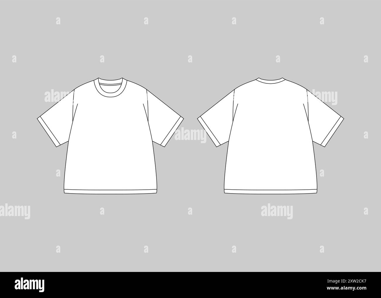 T-shirt unisex Technical Sketch modello di design T-shirt Flat Sketch illustrazione tecnica disegno tecnico T-shirt vettoriale anteriore e posteriore CAD Illustrazione Vettoriale