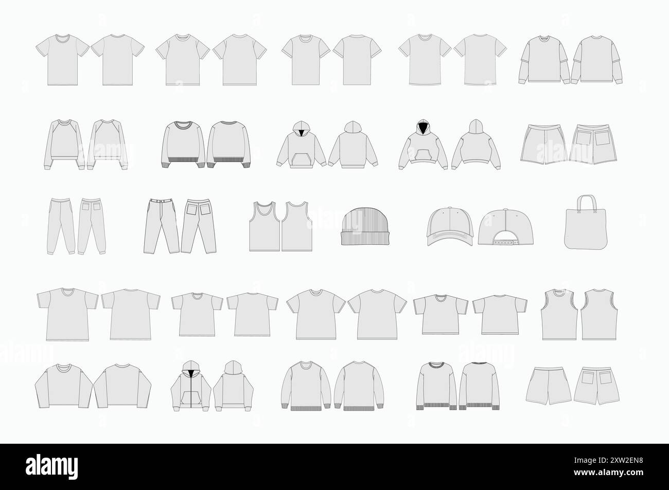 Collezione Vector Apparel Mockups T-shirt da uomo con cappuccio da baseball Joggers felpe pantaloncini borsa tote calzini pantaloni con le fibbie illustrazione vettoriale Illustrazione Vettoriale