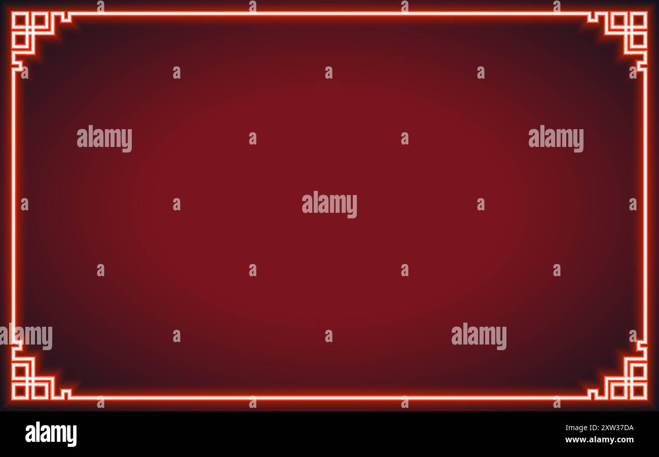 Cornice cinese in stile neon con elementi orientali asiatici su sfondo colorato, per biglietto d'invito per nozze, buon anno, buon compleanno, san valentino, Illustrazione Vettoriale