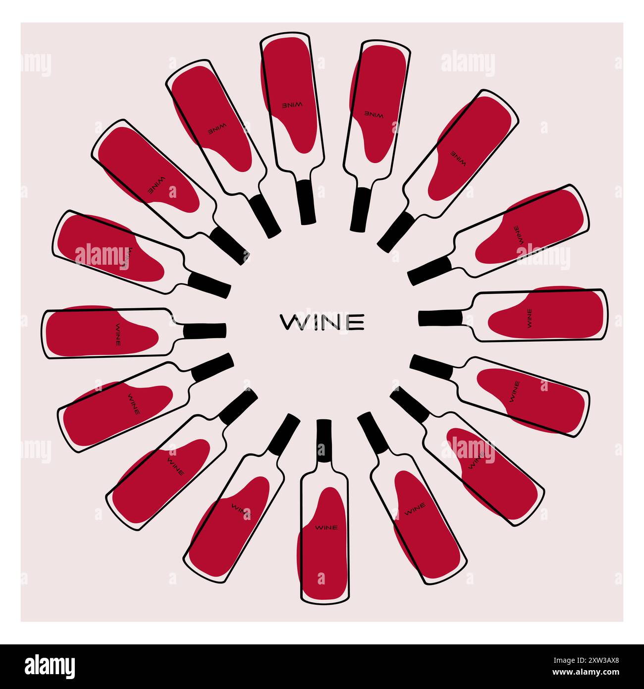Una disposizione circolare di bottiglie di vino che mostrano vino rosso su uno sfondo chiaro Illustrazione Vettoriale