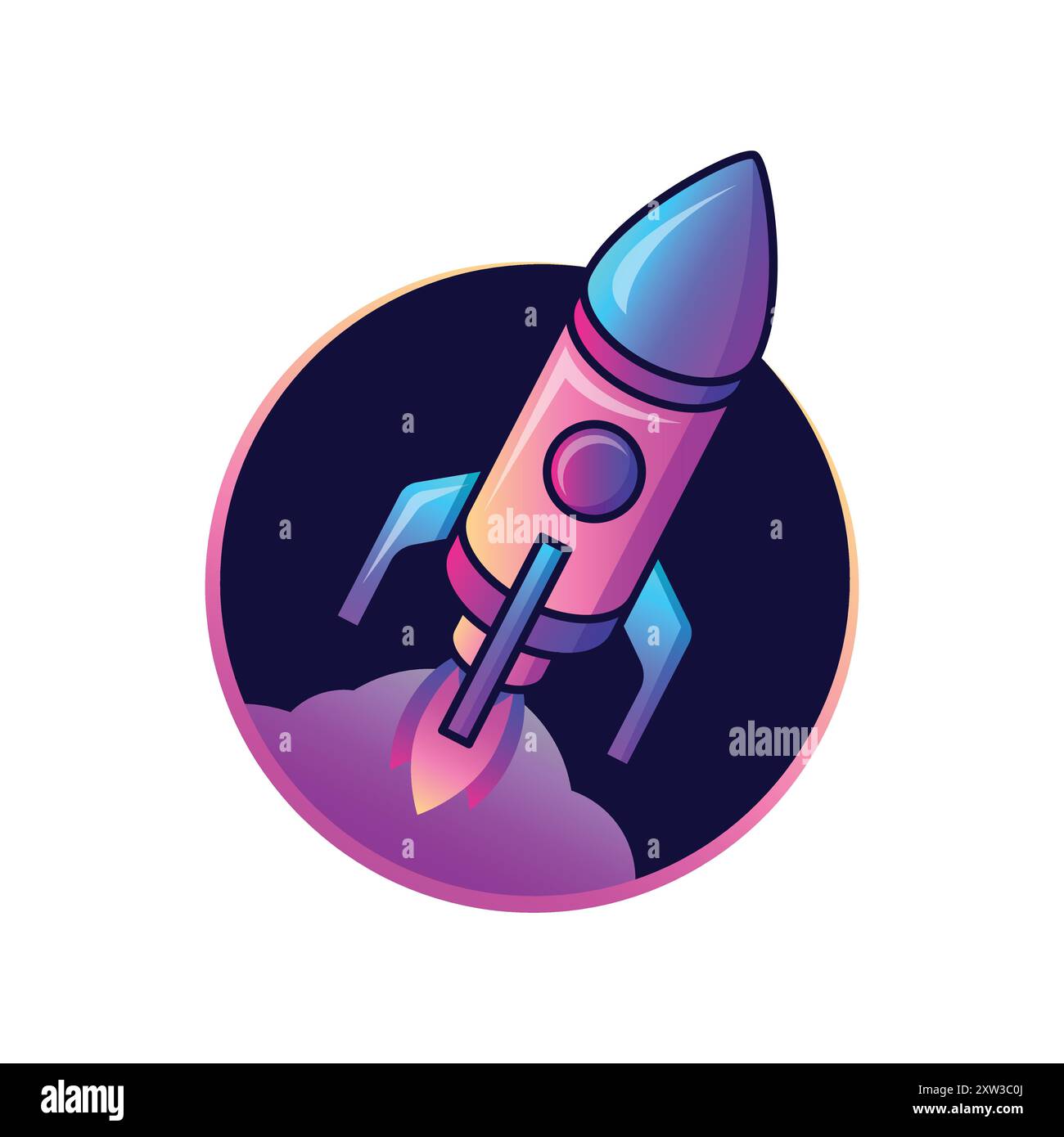 Futuristico Neon Rocket isolato sul bianco Illustrazione Vettoriale