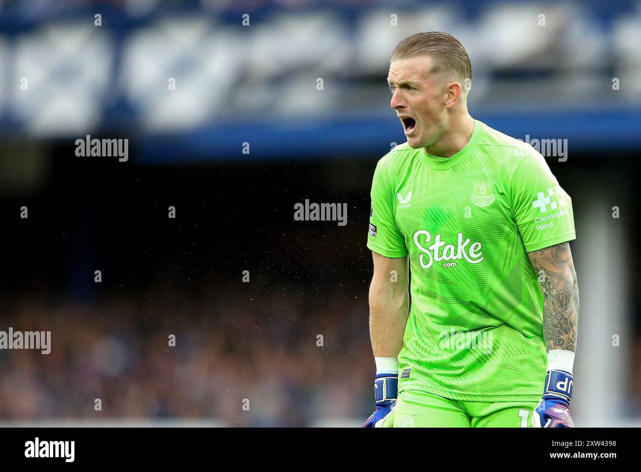 Liverpool, Regno Unito. 17 agosto 2024. Jordan Pickford, il portiere dell'Everton grida istruzioni. Partita di Premier League, Everton contro Brighton & Hove Albion al Goodison Park di Liverpool sabato 17 agosto 2024. Questa immagine può essere utilizzata solo per scopi editoriali. Solo per uso editoriale, foto di Chris Stading/Andrew Orchard fotografia sportiva/Alamy Live news credito: Andrew Orchard fotografia sportiva/Alamy Live News Foto Stock