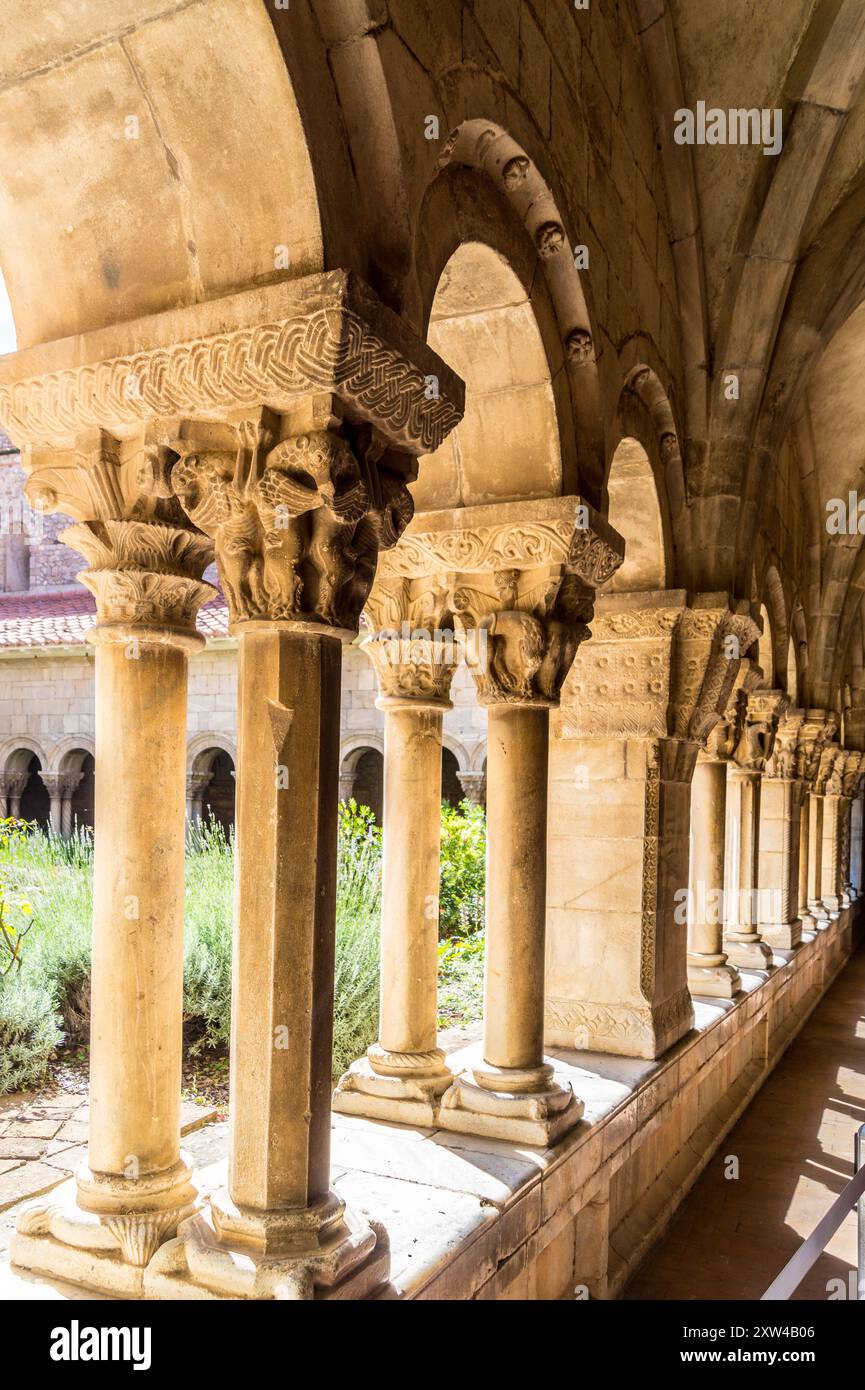 Chiostro della cattedrale romanica di Sainte-Eulalie e Sainte-Julie, Elne, Pyrénées Orientales, Occitanie, Francia Foto Stock