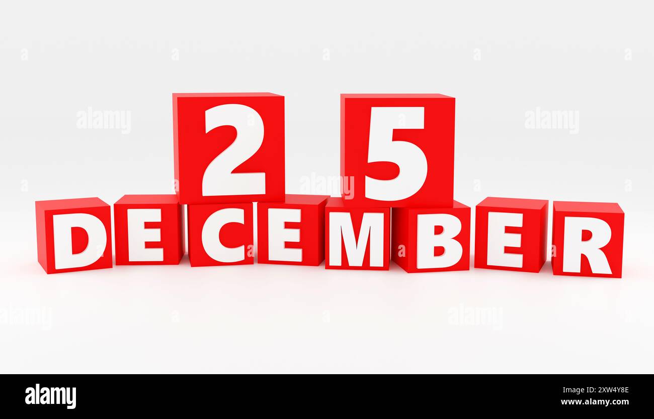 Dicembre 25, calendario dei cubetti rossi su sfondo bianco. Semplice illustrazione 3D. Foto Stock