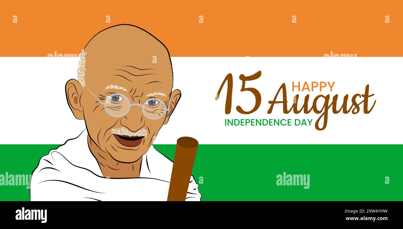 15 agosto bandiera del giorno dell'indipendenza con Mahatma Gandhi - disegno patriottico Illustrazione Vettoriale