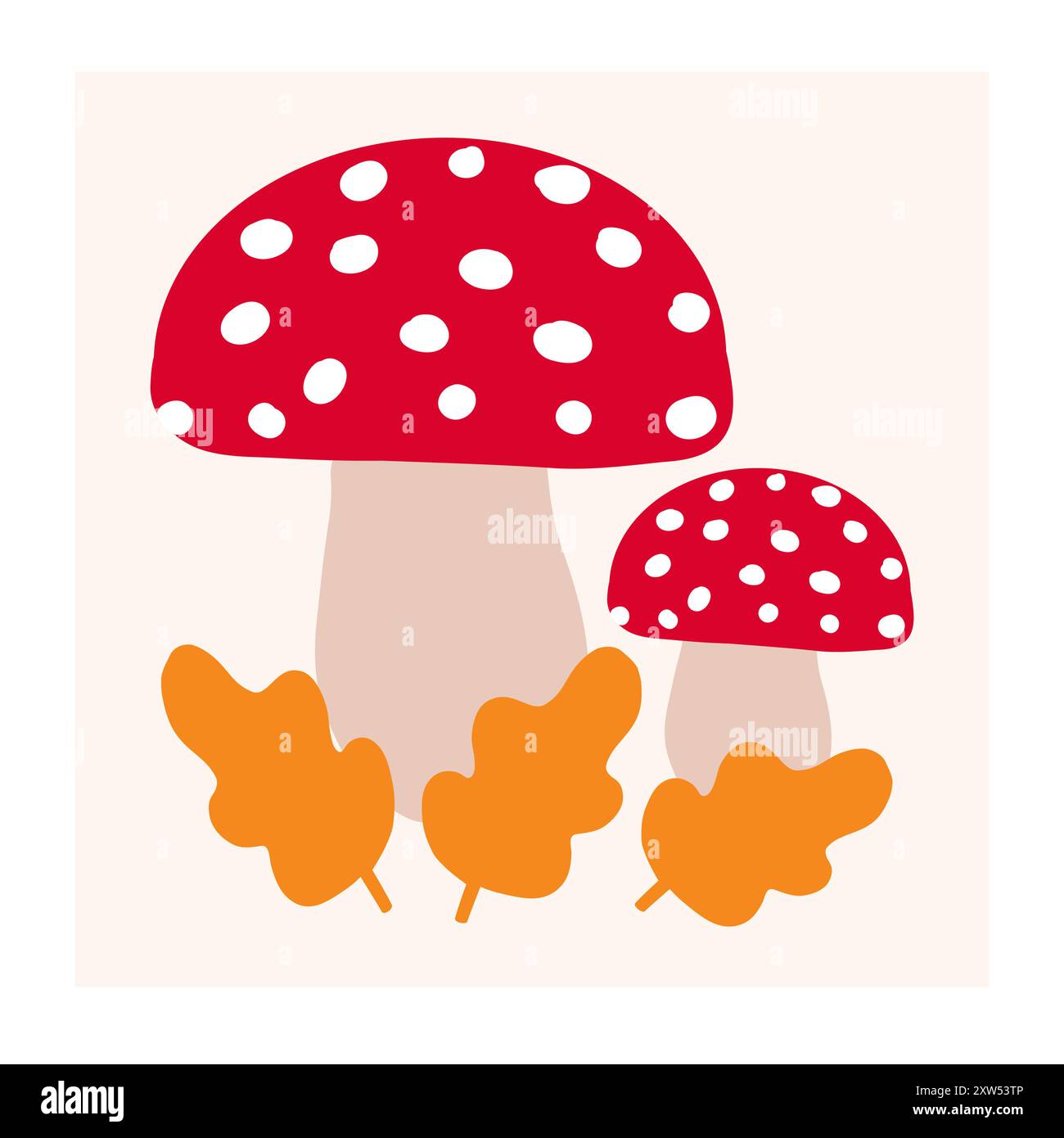 Funghi maculati rossi circondati da foglie autunnali in un ambiente caldo e accogliente Illustrazione Vettoriale