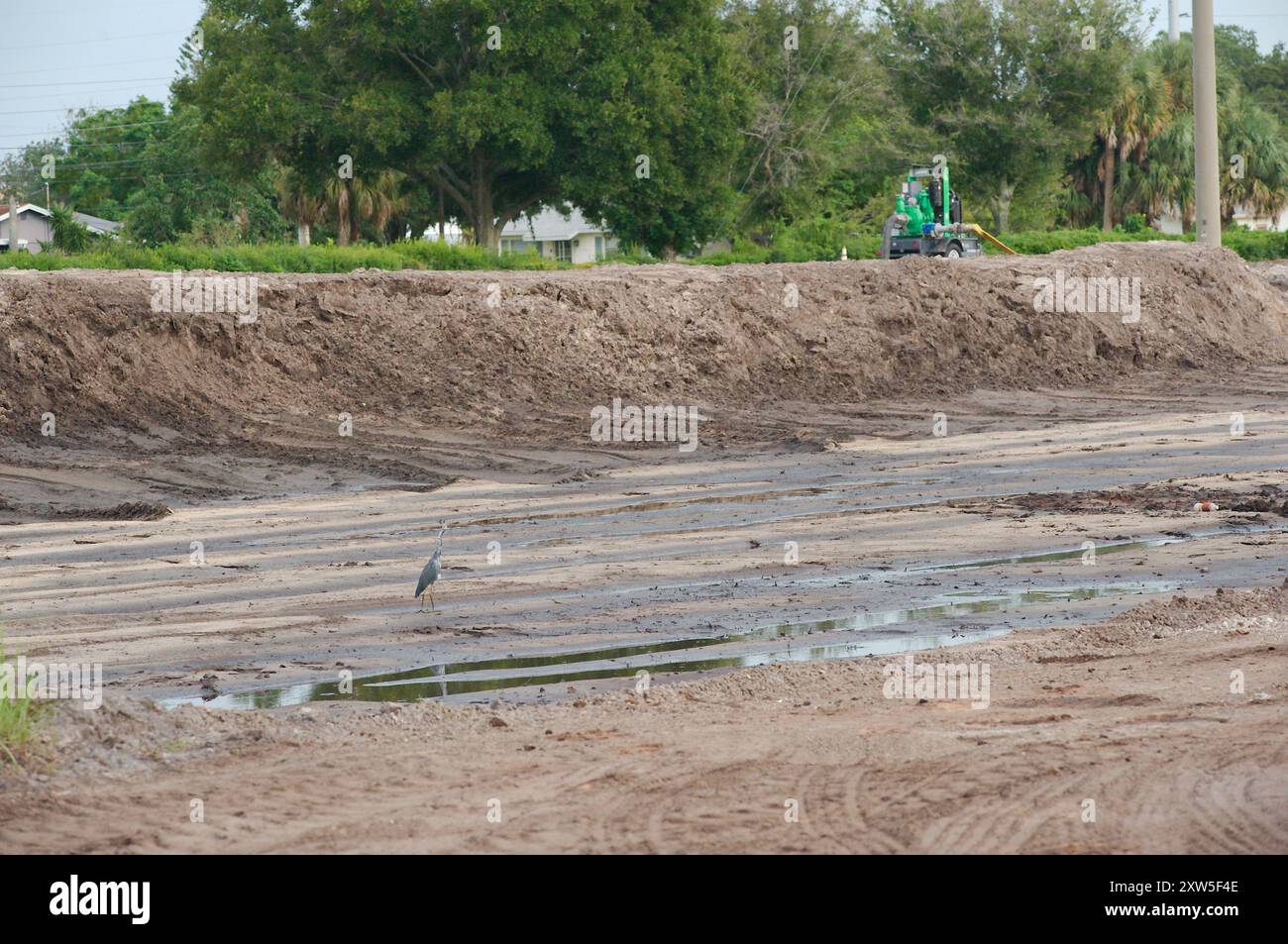 Ampia visuale del mucchio di terra sulla sinistra fino alla sottostazione elettrica con High Power Lines a St. Petersburg, Florida. Vista sull'erba verde Foto Stock