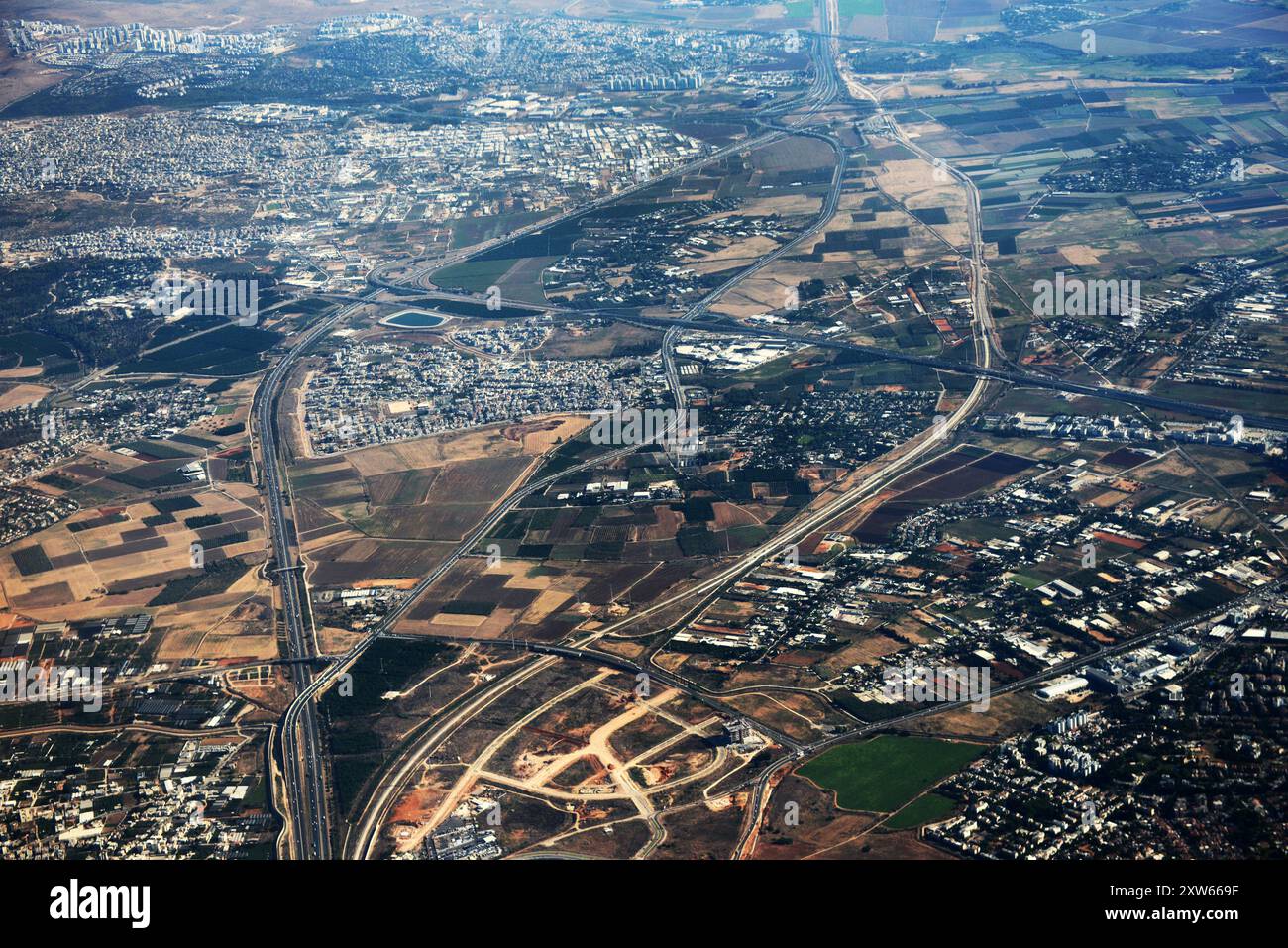 Vedute aeree delle fattorie nel distretto di Sharon in Israele. Foto Stock