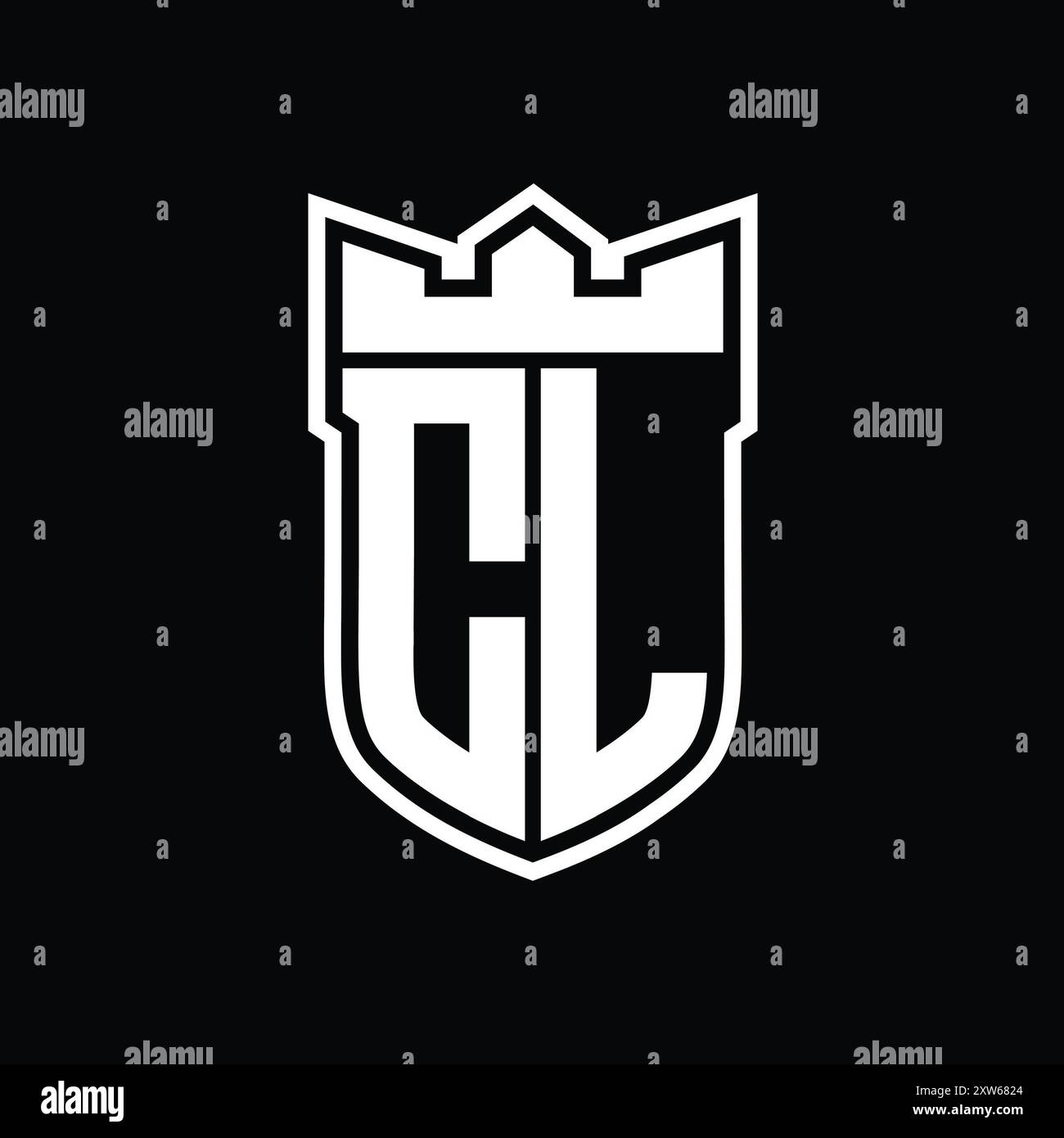 Logo CL Letter con forma a scudo e corona geometrica all'interno del contorno bianco su sfondo nero Foto Stock