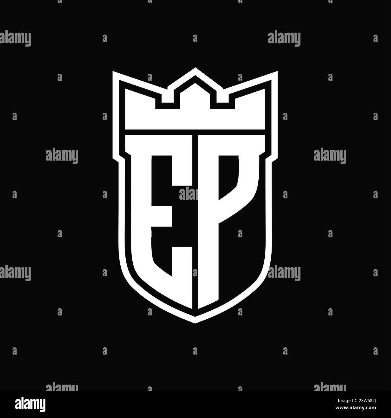 Logo EP Letter con forma a scudo e corona geometrica all'interno del contorno bianco su sfondo nero Foto Stock