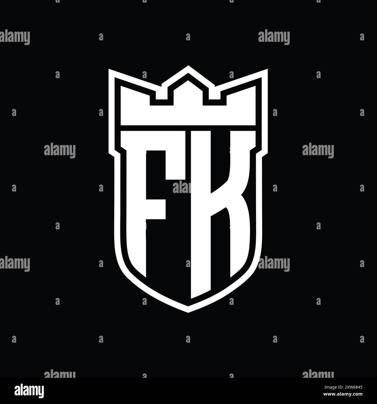 Logo FK Letter con forma a scudo e corona geometrica all'interno del contorno bianco su sfondo nero Foto Stock