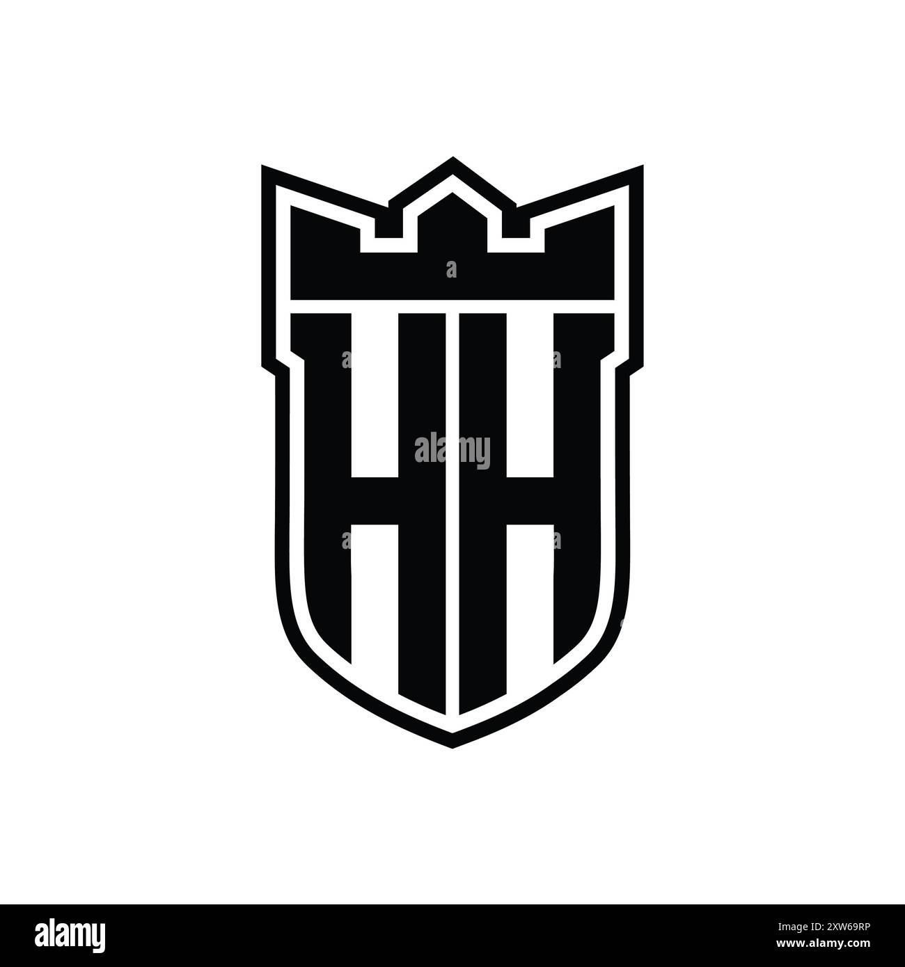 Logo HH Letter con forma a scudo e corona geometrica all'interno del contorno nero su sfondo bianco Foto Stock