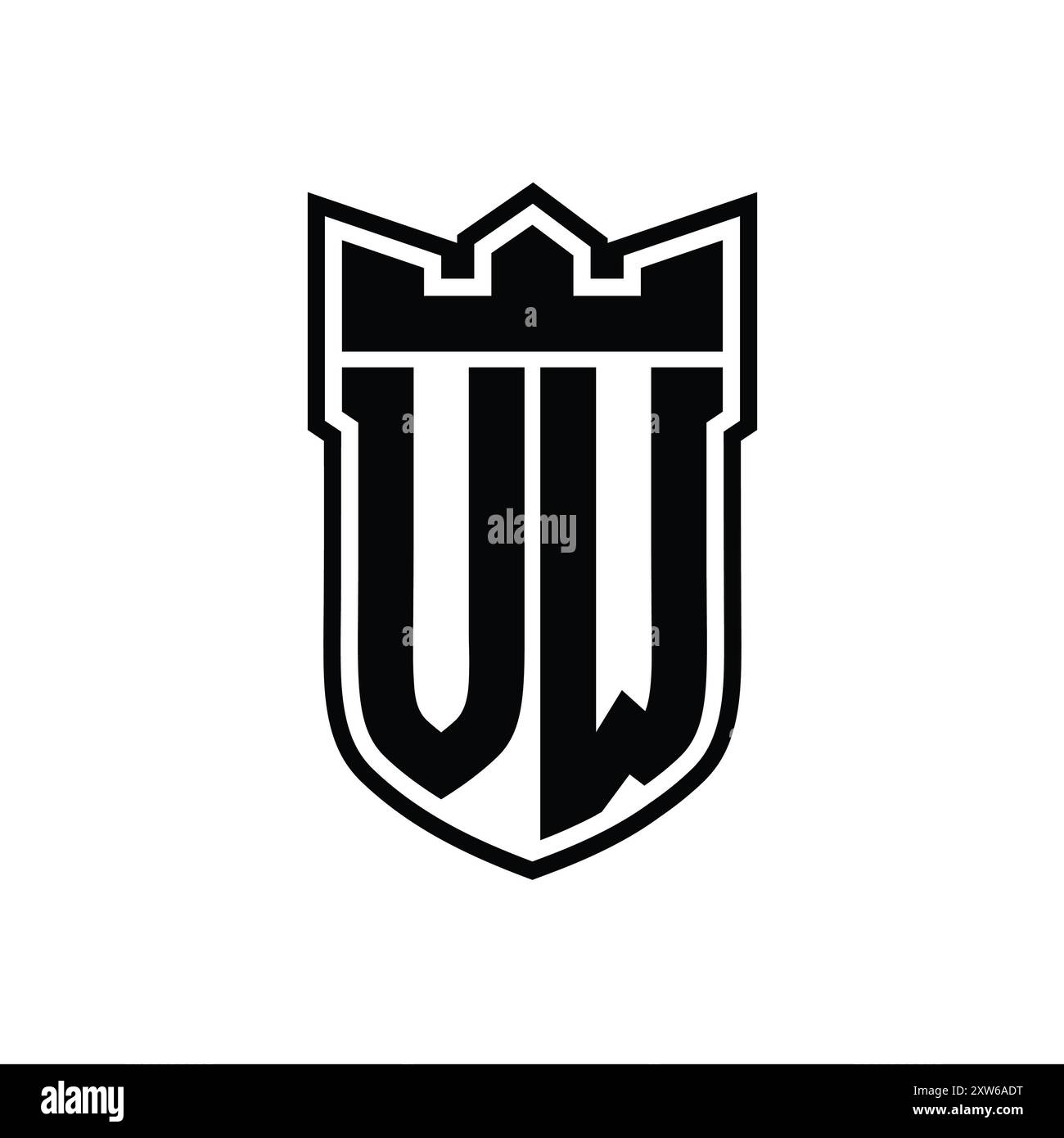 Logo VW Letter con forma a scudo con corona geometrica interna contorno nero su sfondo bianco Foto Stock