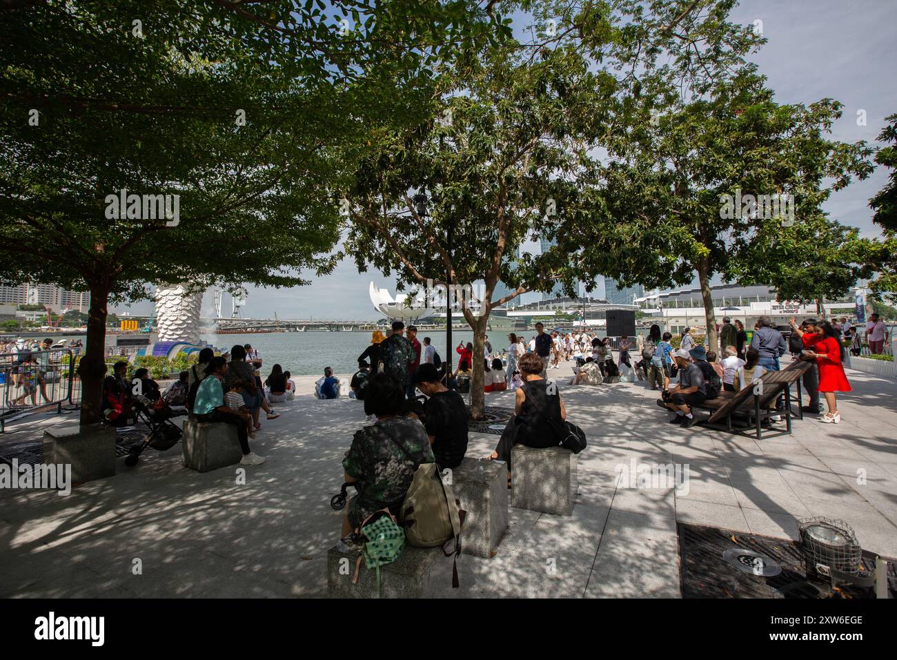I turisti si nascondono sotto gli alberi a baldacchino per rinfrescarsi e sfuggire al caldo calore del sole al Merlion Park. Singapore. Foto Stock