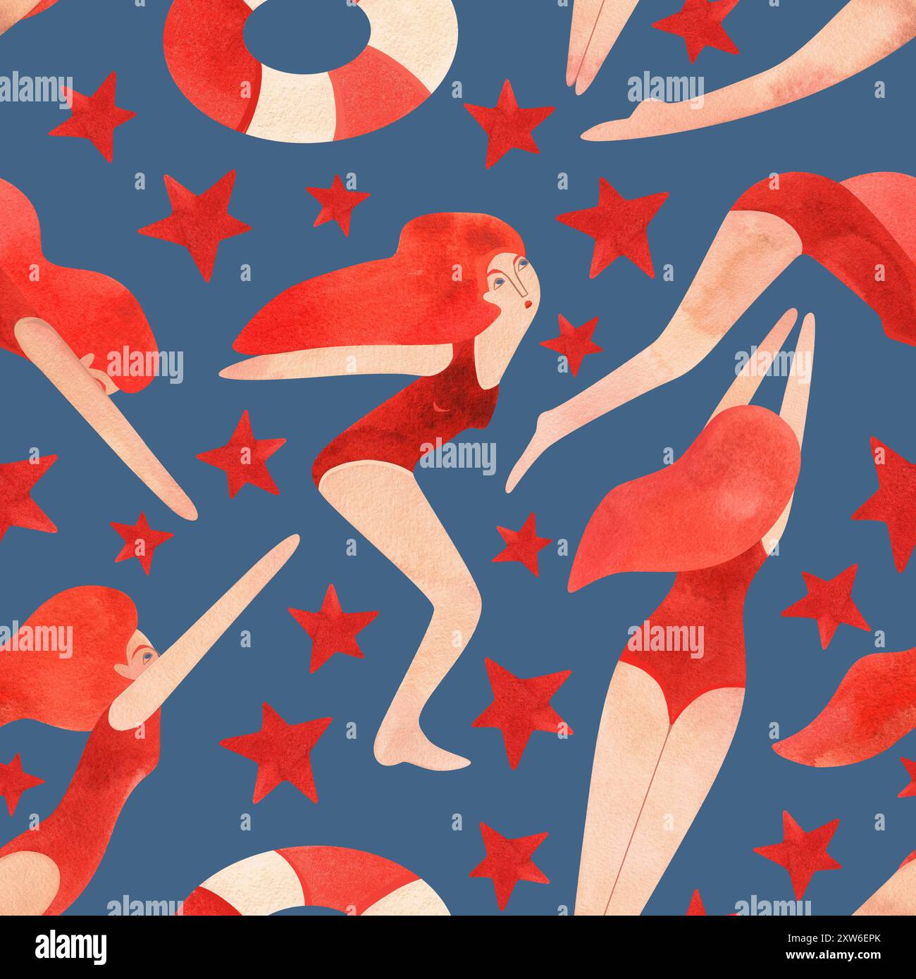 Motivo senza cuciture con donne fluttuanti in stile vintage. Nuoto. Illustrazione acquerello su sfondo blu Foto Stock